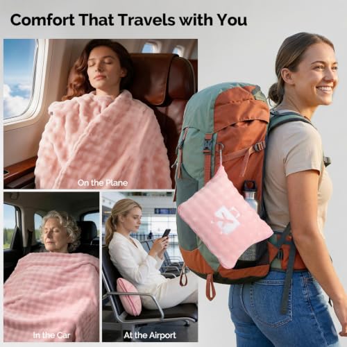 Pink Travel Blanket for Airplane, Portable Soft Flannel with Pouch & Clip - color: Pink