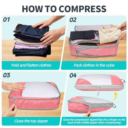 6 Set Compression Packing Cubes for Travel - Compressible, Lightweight, and Space-Saving Packing Cubes, Travel Accessories Luggage Suitcase Backpack for Men Women (Pink) - color: Pink