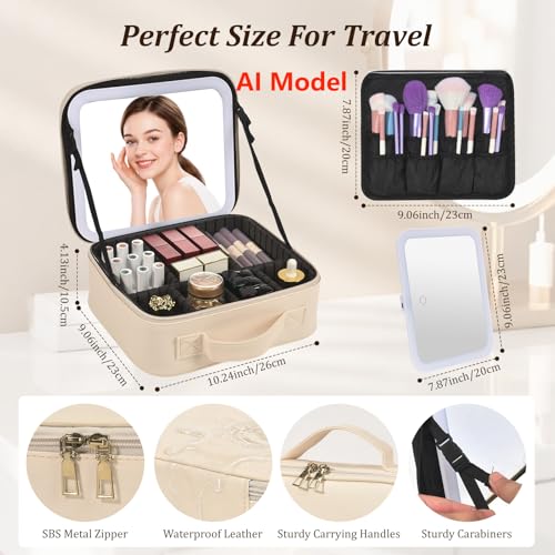 Travel Makeup Bag with Mirror & 8 Adjustable EVA Dividers, Beige - color: Beige-8 Dividers