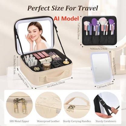 Travel Makeup Bag with Mirror & 8 Adjustable EVA Dividers, Beige - color: Beige-8 Dividers