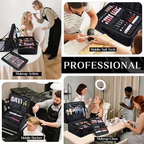 Large Makeup Bag, 3 Layers 17” Makeup Case Organizer with Mirror Professional Cosmetic Storage Backpack Box Travel Artist Carrying Vanity Bags with Brush Slot/Shoulder Strap/Attach to Suitcase - color: Backpack Black