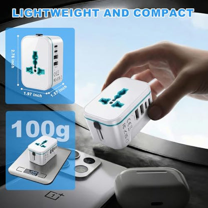 Universal Travel Adapter Worldwide, Multi Plugs Adapter with 2 USB-C & 2 USB-A, All-in-One AC Ports Wall Charger, International Power Converter for EU US UK AUS JP 200+ Countries (White) - color: WHITE