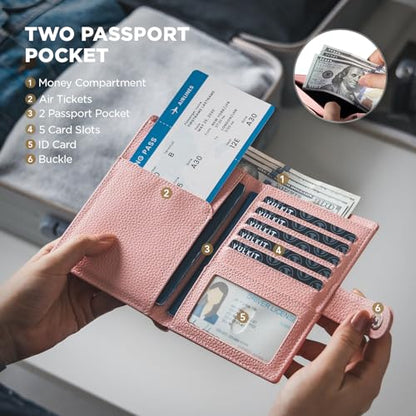VULKIT Dual Passport Wallet for RFID 2 Passports Holder - color: Seashell Pink