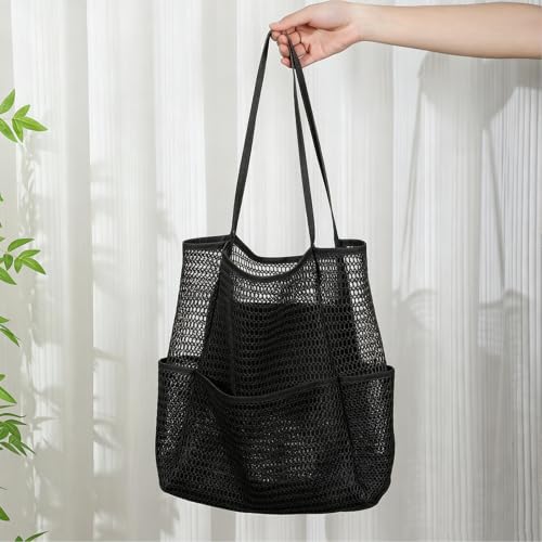 Large Beach Bags for Women, Mesh Beach Tote with Zipper, Foldable Pool Tote Bag Travel Beachbag Waterproof Sandproof - color: Black - More Pockets