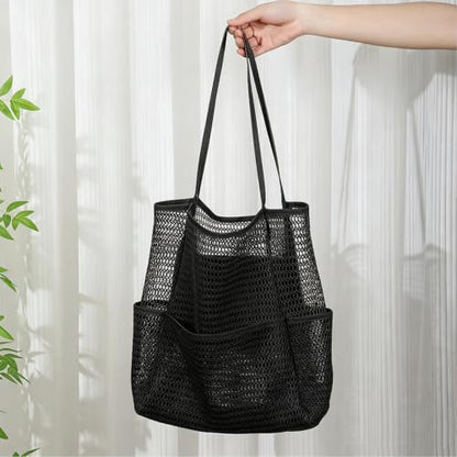 Large Beach Bags for Women, Mesh Beach Tote with Zipper, Foldable Pool Tote Bag Travel Beachbag Waterproof Sandproof - color: Black - More Pockets