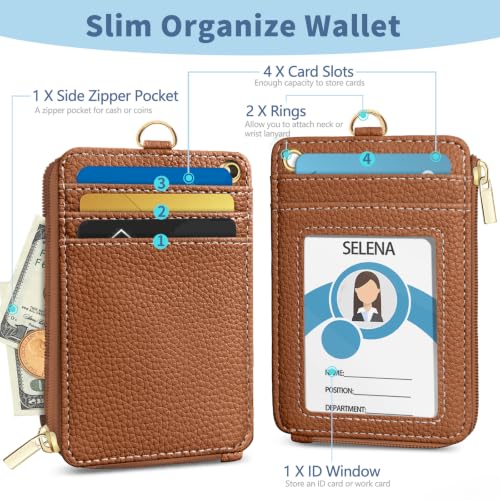 Brown Lanyard Wallet with Id Badge Holder Keychain for Card Women - color: Solid-caramel