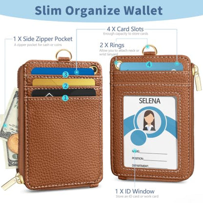 Brown Lanyard Wallet with Id Badge Holder Keychain for Card Women - color: Solid-caramel