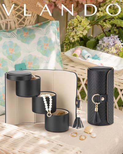 VLANDO Travel Jewelry Organizer, 3 Tier Roll Up Design, Hard Shell Storage - color: A.Black
