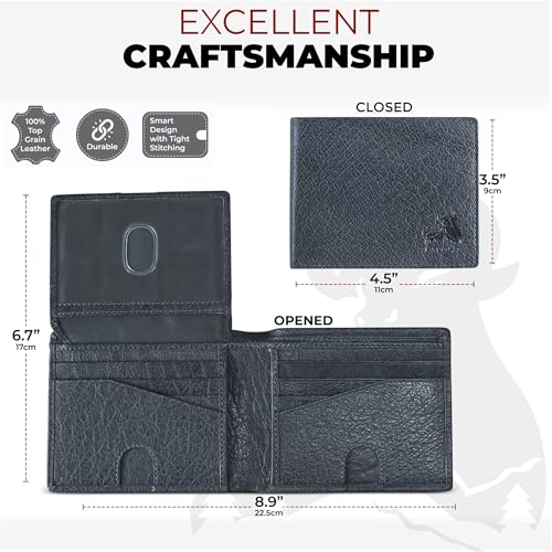 BULL GUARD Buffalo Leather Wallets for Men with RFID Blocking, Flip UP ID Window, Bifold Durable Quality Design - color: Wild Buffalo Grey