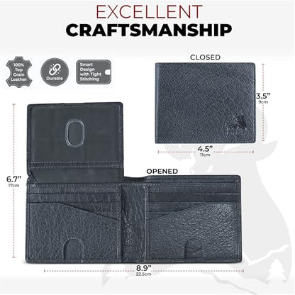 BULL GUARD Buffalo Leather Wallets for Men with RFID Blocking, Flip UP ID Window, Bifold Durable Quality Design - color: Wild Buffalo Grey