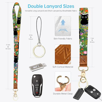 2-in-1 ID Badge Holder & Lanyard Wallet，Cute Zippered Pouch Cat Flowers 2 - color: Cat Hidden Among the Flowers 2