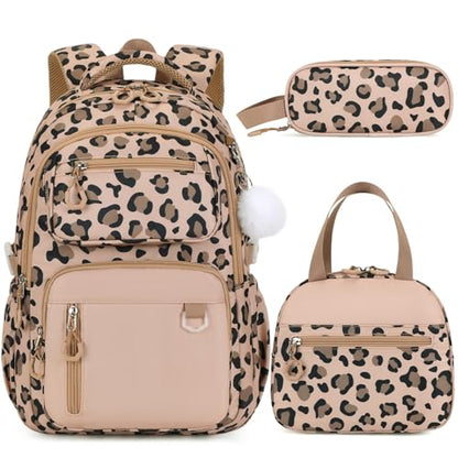 Bevalsa Backpack for Girls Backpack for School with Lunch Bag Pencil Case - color: Brown Leopard