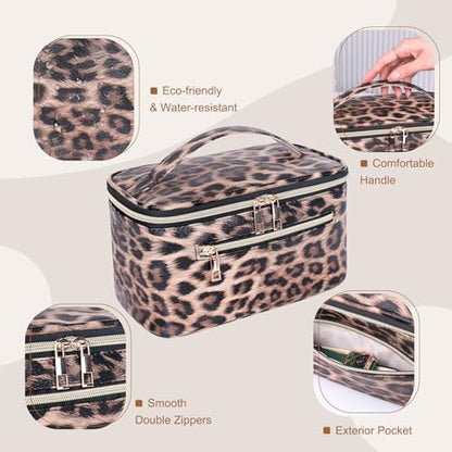 FITINI Travel Leopard Makeup Bag Cosmetic Bag with Zipper,Large Capacity Waterproof Toiletry Organizer Bag for Women Purse With Handle Zipper Brush Pouch - color: Leopard