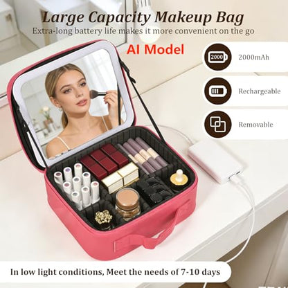 Travel Makeup Bag with Mirror & 8 Adjustable EVA Dividers, Rose Red - color: Rose Red-8 Dividers