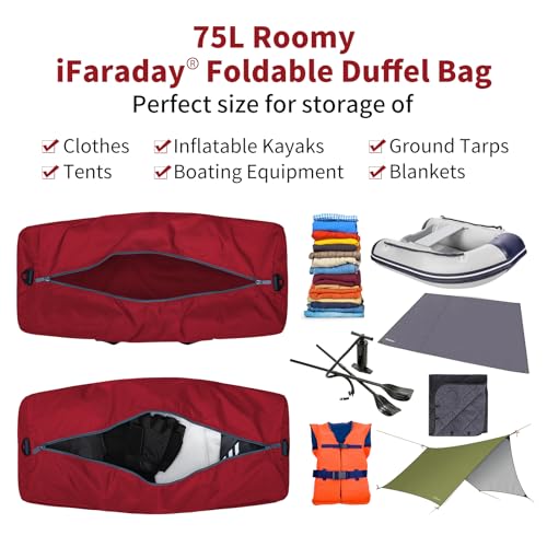iFARADAY Foldable Duffel Bag Lightweight, 30 inch / 75L, Red - color: Red-75L(with shoulder strap)