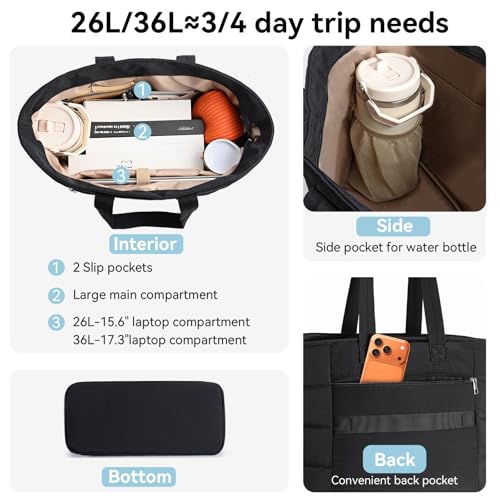PASMAN Puffer Tote Bag for Women - Nurse Bag with Bottle Pocket - color: Black, size: Large