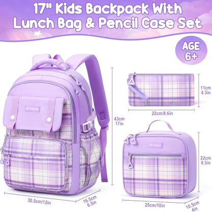 Fimibuke Kids Backpack for Girls, 3 PCS School Backpack with Lunch Box Set - color: C2.purple Plaid