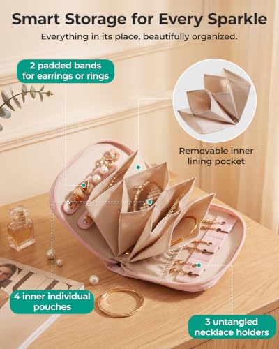 BAGSMART Travel Jewelry Case, Leather Zip for Rings Necklaces - color: 2-Light Beige, size: Small