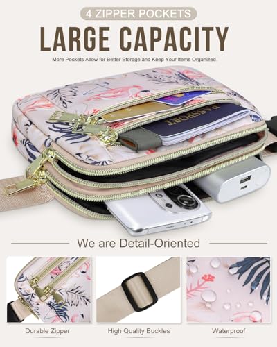 Capolo Fanny Packs for Women 4 Zip Pocket Crossbody Belt Bag Waist Bags - color: Flamingo, size: Large