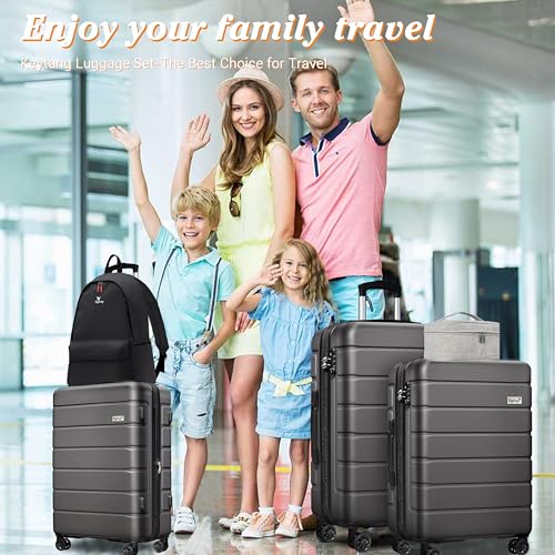 KEYTANG Explorer Luggage Set, Lightweight Hardside Suitcase, Expandable Carry-On Luggage with Travel Backpack & Cosmetic Makeup Bag, 5-Piece Set (20in/24in/28in), Grey - color: Grey, size: 001-5PCS