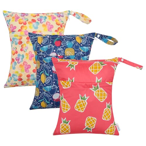 ALVA 2pcs Wet Dry Bags for Diaper Bag Waterproof Reusable with Two Pockets - color: Pineapple flower fruit
