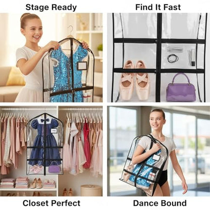 5 Pcs Clear Dance Costume Garment Bag with Pockets, 23.6 x 39.4 in Young Dancer's Garment Bags for Costumes, Dancewear, Accessories