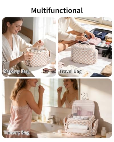 Narwey Hanging Travel Toiletry Bag for Women, Large Makeup Cosmetic Bag - color: A-Brown Checkerboard
