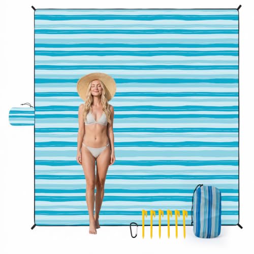 OIGAE Beach Blanket Waterproof Sandproof Oversized Beach Mat - color: Blue Wave Stripes, size: 7x8 Ft (2～5 person)