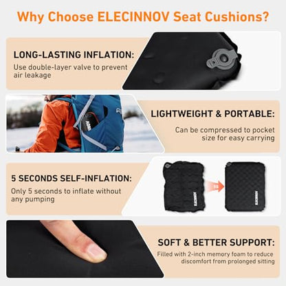 Inflatable Seat Cushion, Self Inflating Compact Stadium Seat Cushion - color: Black-1pack