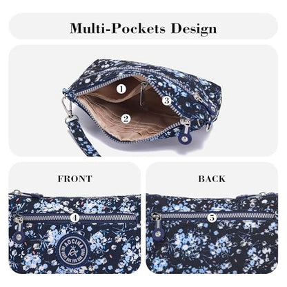 Small Wristlet Wallets for Women Nylon RFID Cross body bag - color: Floral Blue