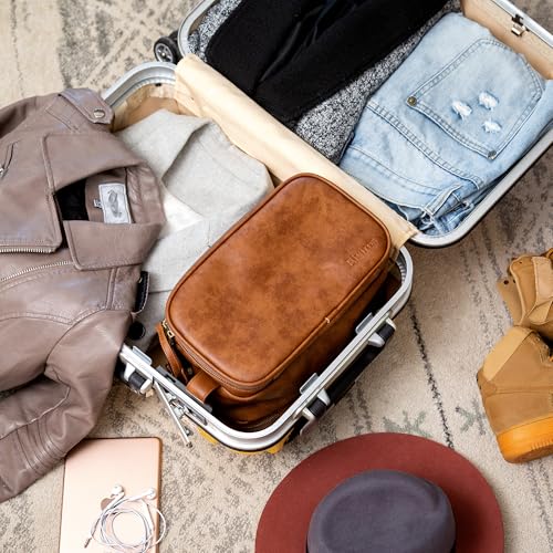 Elviros Toiletry Bag for Men, PU Leather Travel Dopp Kit, 2 Pack Gift Set - color: Brown, size: 2 Piece