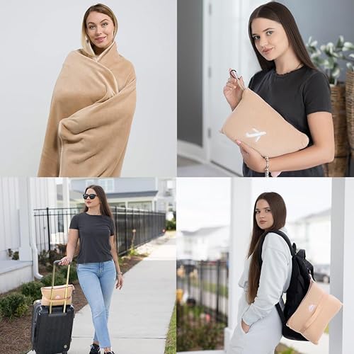 BlueHills Premium Soft Plush Mini Travel Blanket Pillow Long Flights Beige - color: Beige-m06