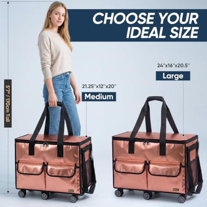 BALEINE Reusable Grocery Bag on Wheels, Foldable Rolling Tote Bag - color: Rose Gold- Wide, size: Large