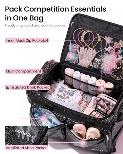 Fanwoli 23" Foldable Dance Bag with Rack, Rolling Competition Duffel - color: Sparkling Black
