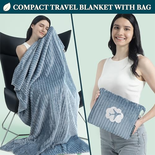 PAVILIA Travel Blanket Pillow, Soft Ribbed Fleece Airplane Blanket, Blue - color: Dusty Blue