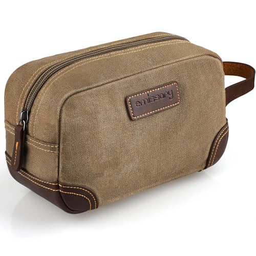 emissary Men's Canvas Travel Toiletry Bag, Leather Dopp Kit - Brown - color: Brown