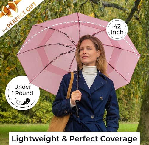 TUMELLA Strongest Windproof Travel Umbrella (Compact, 100MPH Wind-Tested), Light, Portable, One-Handed Use, Automatic Folding Rain Umbrella, Durable, Premium Grip, Fits Car & Backpack - color: 1-pack Soft Pink