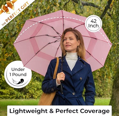 TUMELLA Strongest Windproof Travel Umbrella (Compact, 100MPH Wind-Tested), Light, Portable, One-Handed Use, Automatic Folding Rain Umbrella, Durable, Premium Grip, Fits Car & Backpack - color: 1-pack Soft Pink