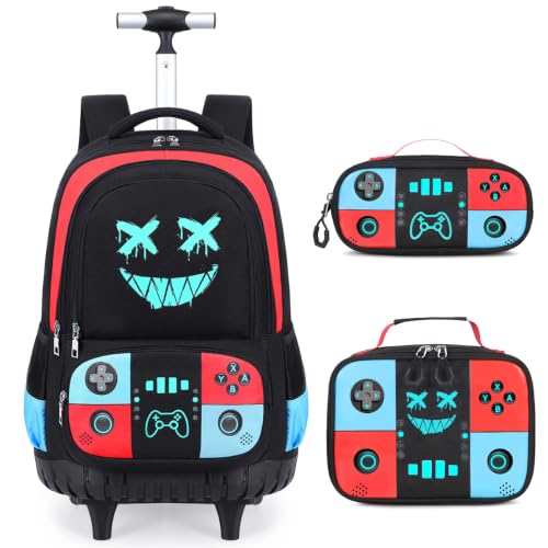 Bevalsa Rolling Backpack for Boys,Cool Gamer Boys Backpack with Wheels - color: Red Blue Smile
