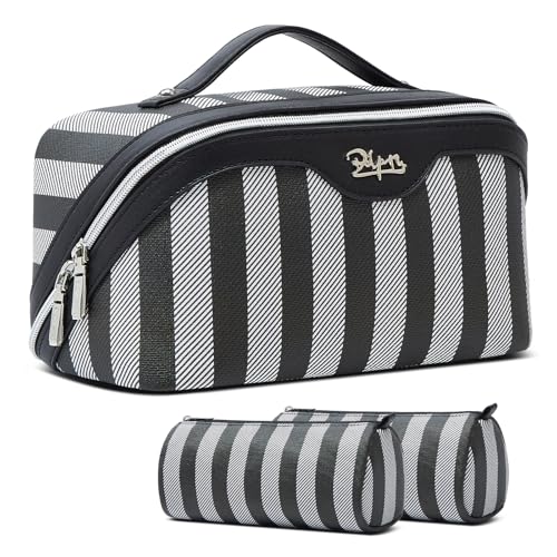 BOYATU Travel Makeup Bag for Women: 3 Pcs Set Striped Make up Bag,Black - color: A-4-Black