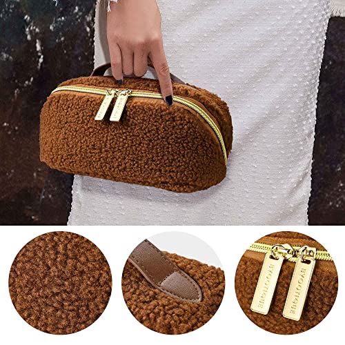 BYOOTIQUE Plush Makeup Bag Open Flat Travel Toiletry Accessories w/Handle - color: Brown, size: S