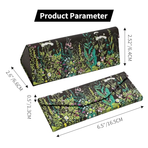 Foldable Glasses Case, Magnetic PU Leahter Sunglasses Case, Cute Hard Shell Folding Eyeglass Cases for Women Kids - color: Black Flowering Shrubs