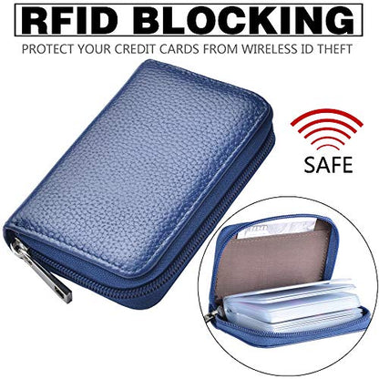Easyoulife Genuine Leather Credit Card Holder Zipper Wallet With 26 Card Slots - color: Blue, size: small