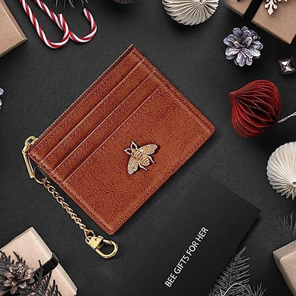 SEAVILIA Card Holder Keychain Wallet for Women with ID Window RFID Coin Purse Bee Gifts Slim Minimalist Small Wallet - color: Brown