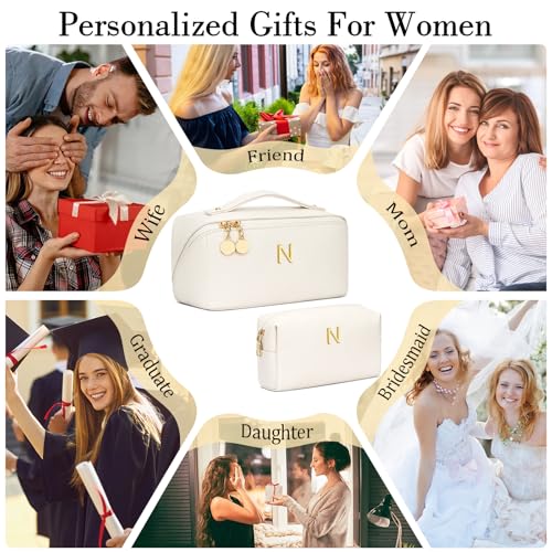 Initial Makeup Bag Personalized Gift for Women Teen Girls - color: Beige, style: N