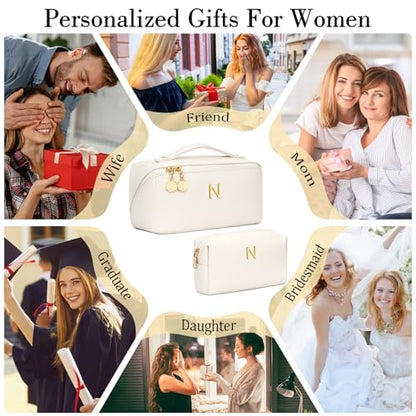 Initial Makeup Bag Personalized Gift for Women Teen Girls - color: Beige, style: N