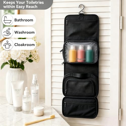 Hanging Toiletry Bag for Women Men Nylon Shaving Bag Travel Kit - color: Black