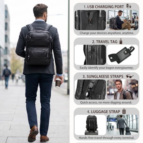LANNSYNE Nappa Leather Backpack for Men, 16" Laptop Work Travel Bag, Black - color: Black