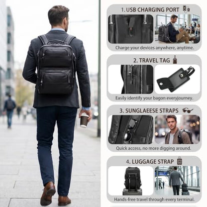 LANNSYNE Nappa Leather Backpack for Men, 16" Laptop Work Travel Bag, Black - color: Black