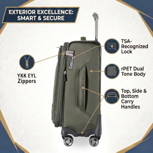 Ricardo Beverly Hills Softside 2 Piece: 20 Carry-On & 28 Large Checked, Lightweight Expandable Luggage Set, Spinner Wheels, TSA Lock, Telescopic Handle, Eco-Friendly Material, Pine, Ashbury Series - color: Pine, size: 2-Piece Set (20, 28)
